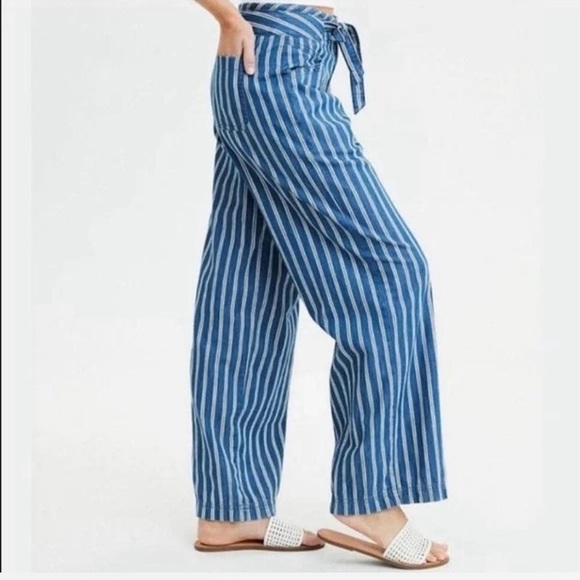 American Eagle Wide Leg Striped Pants with Elastic Tie Waist Size 2 - Picture 2 of 9